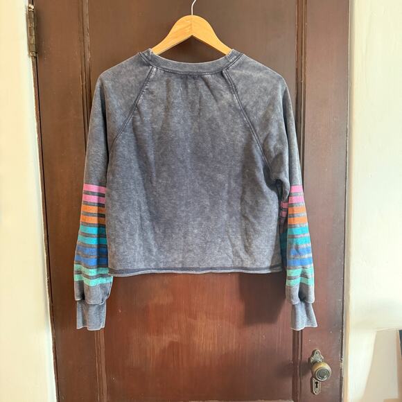 EVEREVE | Relaxed Gray Mineral Wash Crop Sweatshirt with rainbow sleeves | Small - Picture 2 of 7